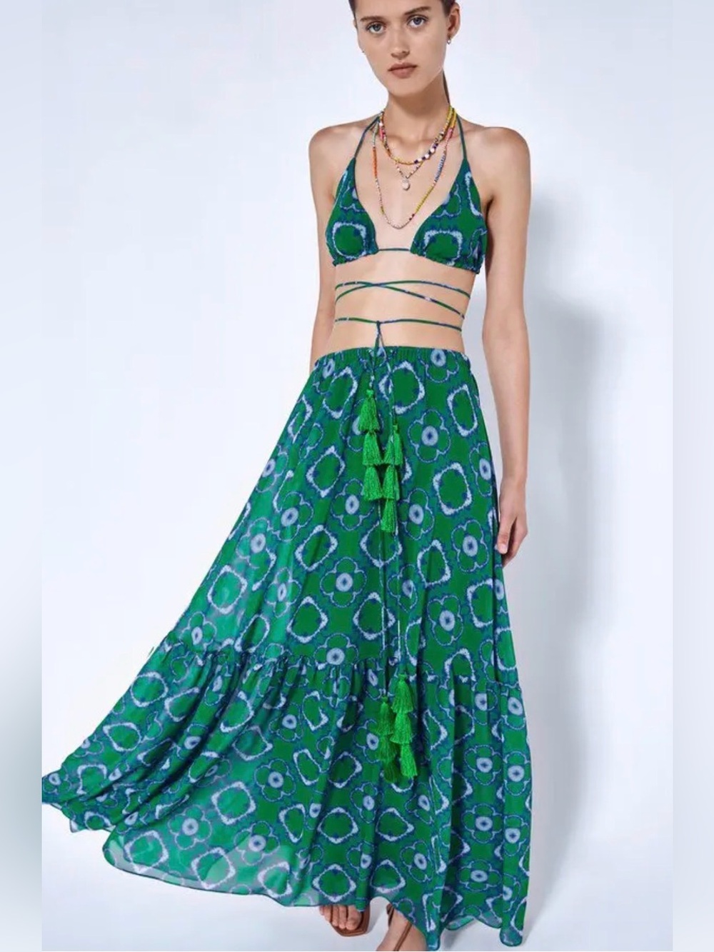 Alexis Green Meadow Tie Dye Chiffon Print Tassel Tie Maxi Skirt